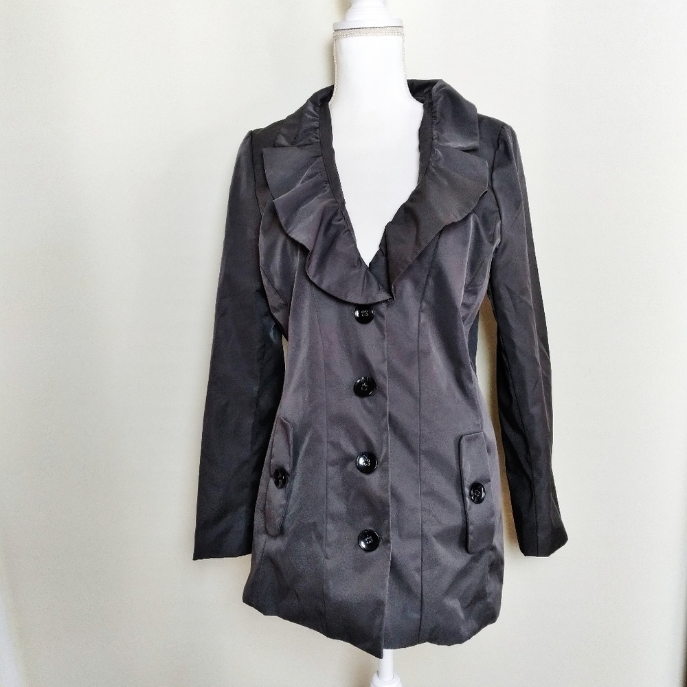 Sandro Studio Gray Ruffle Front Trench Coat